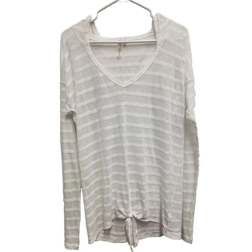 Pink Lotus Hoodie Top Womens Medium White Striped Tie Front Sheer Athleasure